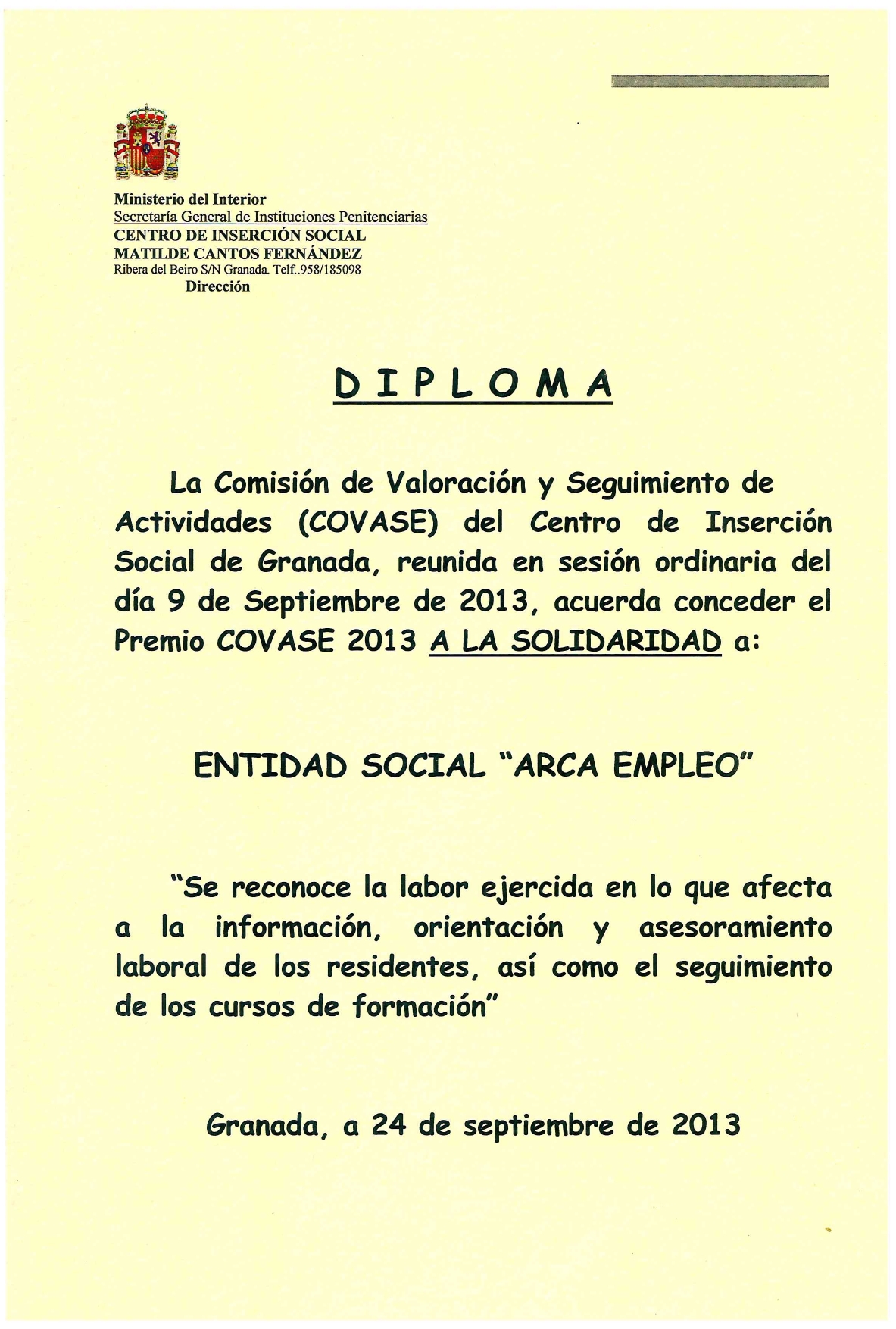 2013 Ministerio del Interior (CIS Granada). Premios COVASE a la Solidaridad_1